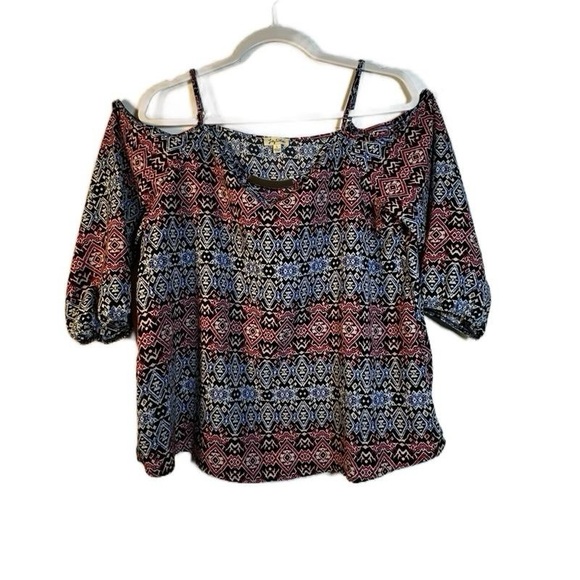 Lily White Red Blue Off-Shoulder Cold Shoulder Boho Tribal Print Blouse Size L - Picture 1 of 16
